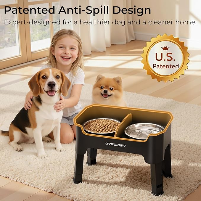 URPOWER Mess Proof Elevated Dog Bowls 4 Height Adjustable Raised Bowl Stand with 2 Stainless Steel Dog Bowls Non-Slip Food and Water Bowl Set for Small and Medium Dogs