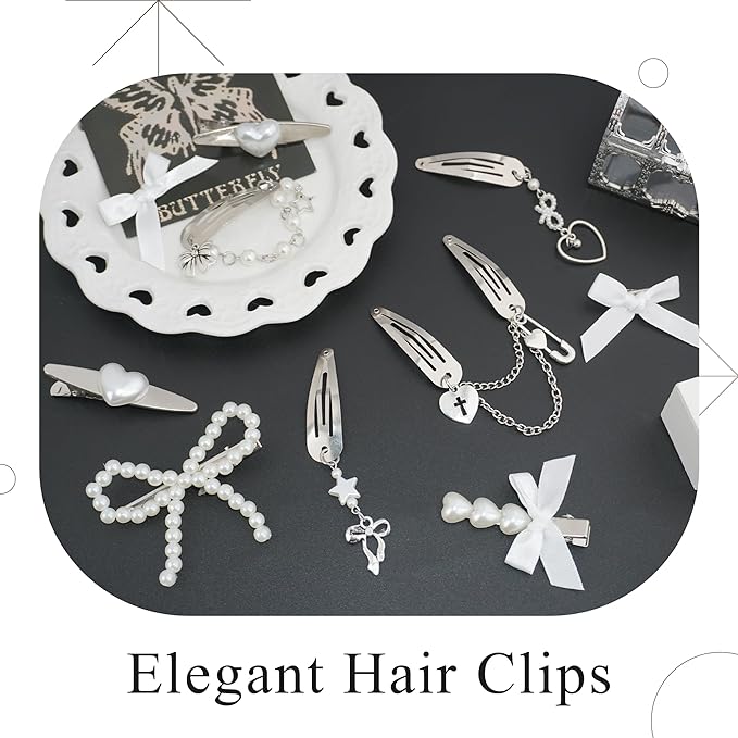 10PCS Y2K Hair Accessories Elegant Pearl Heart Hair Clips Satin White Small Hair Bows Metal Dangle Bowknot Barrettes for Hair