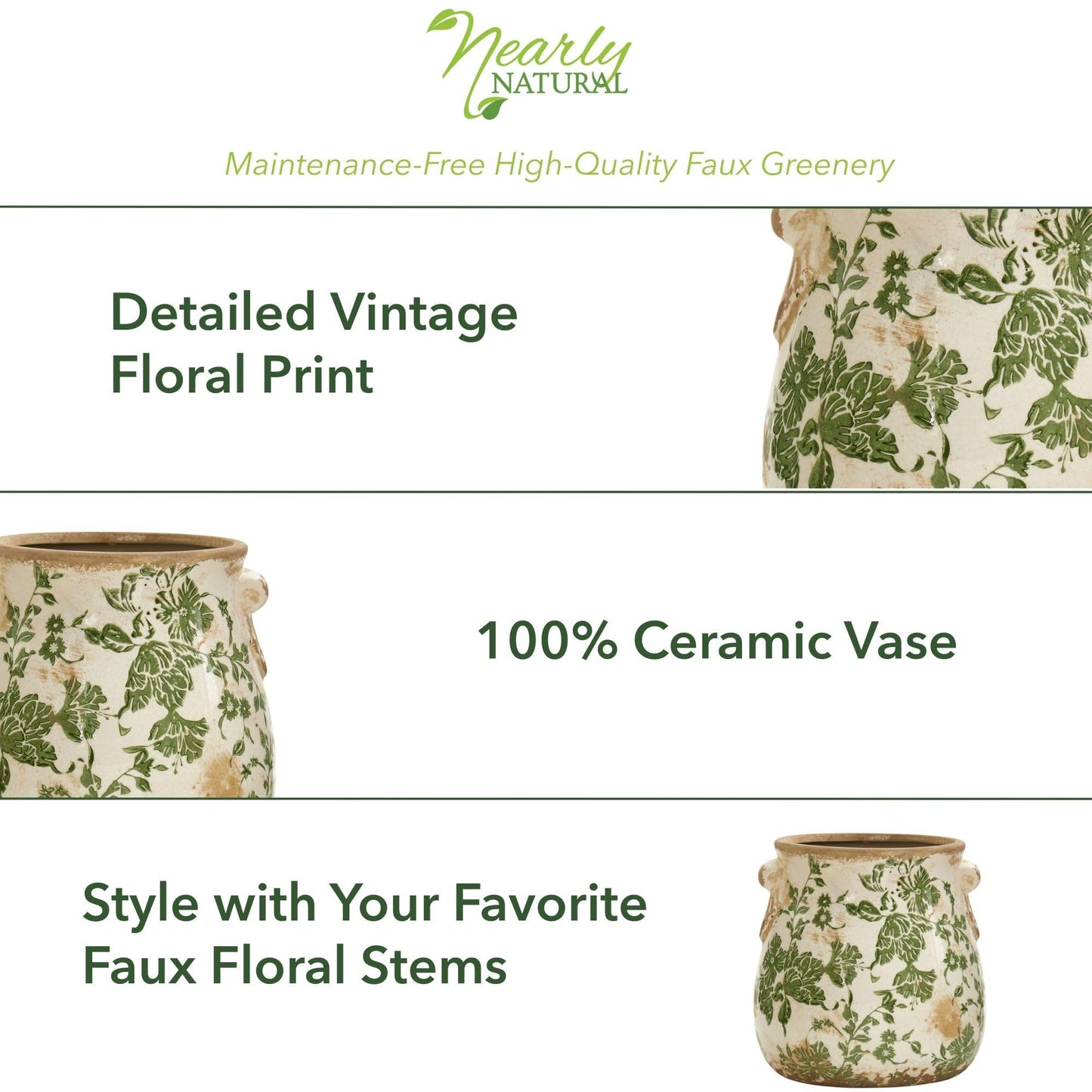 Nearly Natural 6.5in Ceramic Decorative Vase Tuscan Style Green Floral Scroll Design for Indoor Home Decor Centerpieces Tables Small Flower Vases