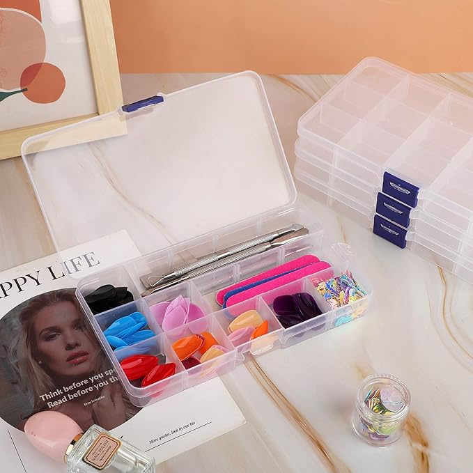 Fake Nail Storage Box, 3PCS 15-Grid Rhinestone Organizer Case with Divider, Clear Plastic Empty Container for Art Craft Sewing Screw Rock Collection Fishing Tackle, Bead Jewelry Display Holder