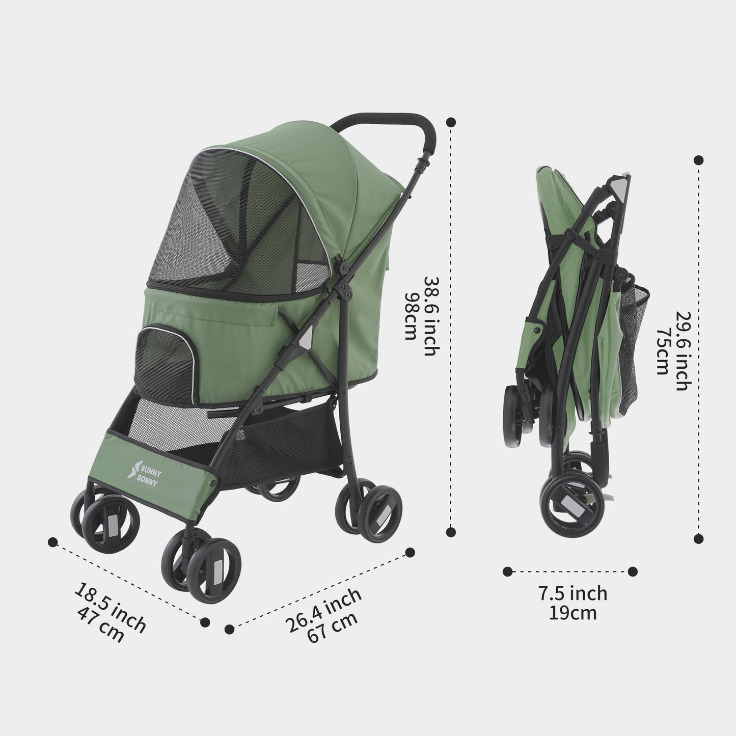 Sunny Sonny Foldable Jogger Pet Stroller with Weather Cover Storage Basket Pet Travel Carrier for S/M Dogs Cats up to 33lbs (Green)