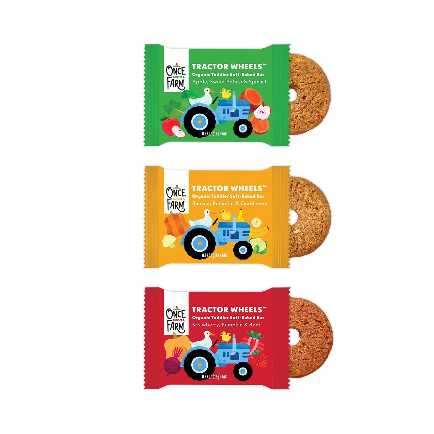 Once Upon a Farm | Organic Toddler Soft-Baked Bar Tractor Wheels Variety Pack | Apple, Strawberry, Banana | Made with Real Fruit & Veggies | No Added Sugar | 30 Bars