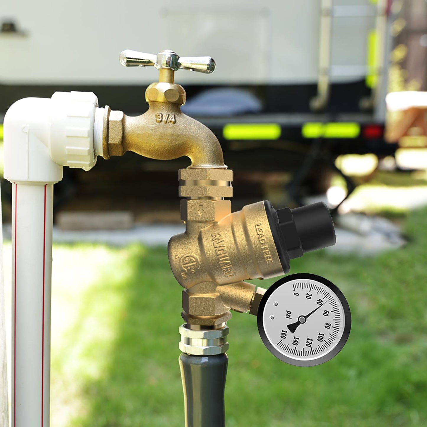 RVGUARD RV Water Pressure Regulator Valve, CSA Approved, Lead-Free Brass Adjustable Water Pressure Reducer with Gauge and Inlet Screen Filter for RV Camper Travel Trailer