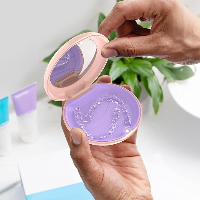 2 Pack Retainer Case with Mirror, Compatible with Invisalign, Slim Aligner Case for Travel, Includes Removal Tools, Seaters & Brush, Magnetic Secure Closure Retainer Box - Pink