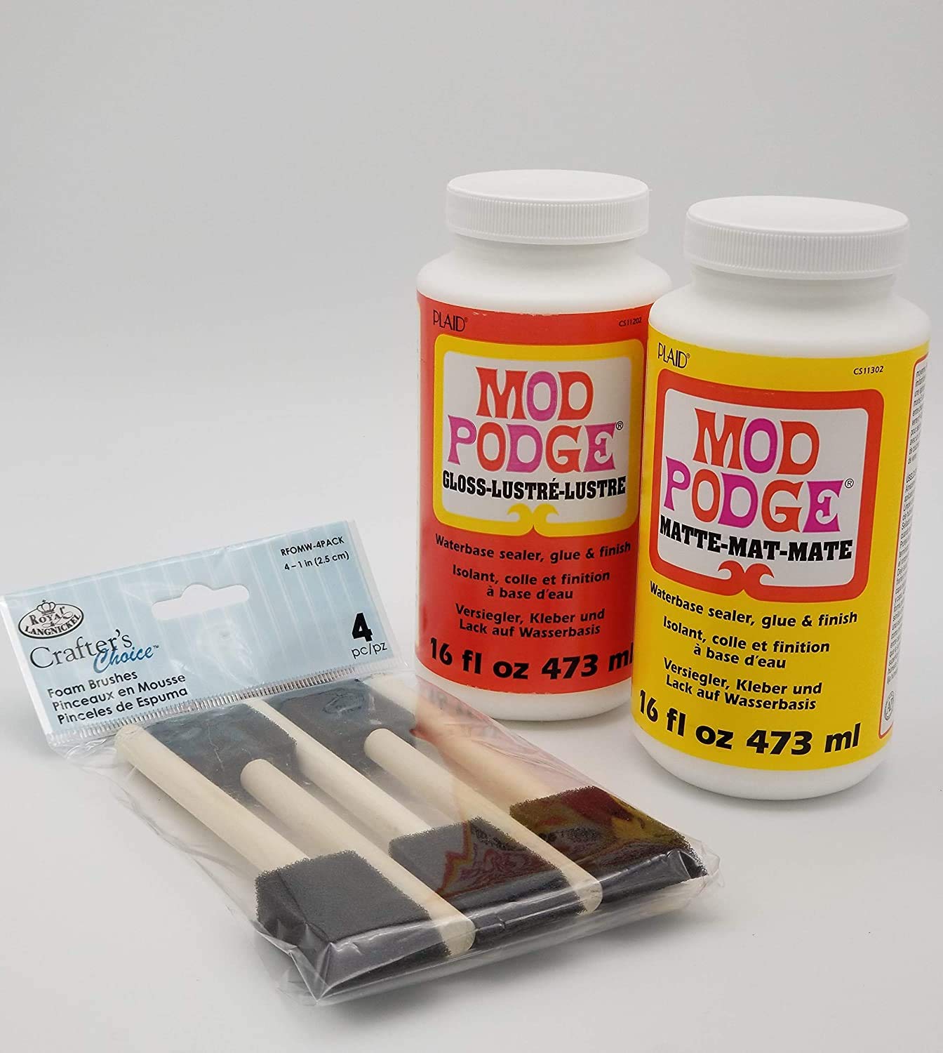 Mod Podge Complete Decoupage Kit-Two 16oz Bottles Waterbase Sealer/Glue (Matte Gloss Finish) with 4-pk Foam Brush Set, Clear