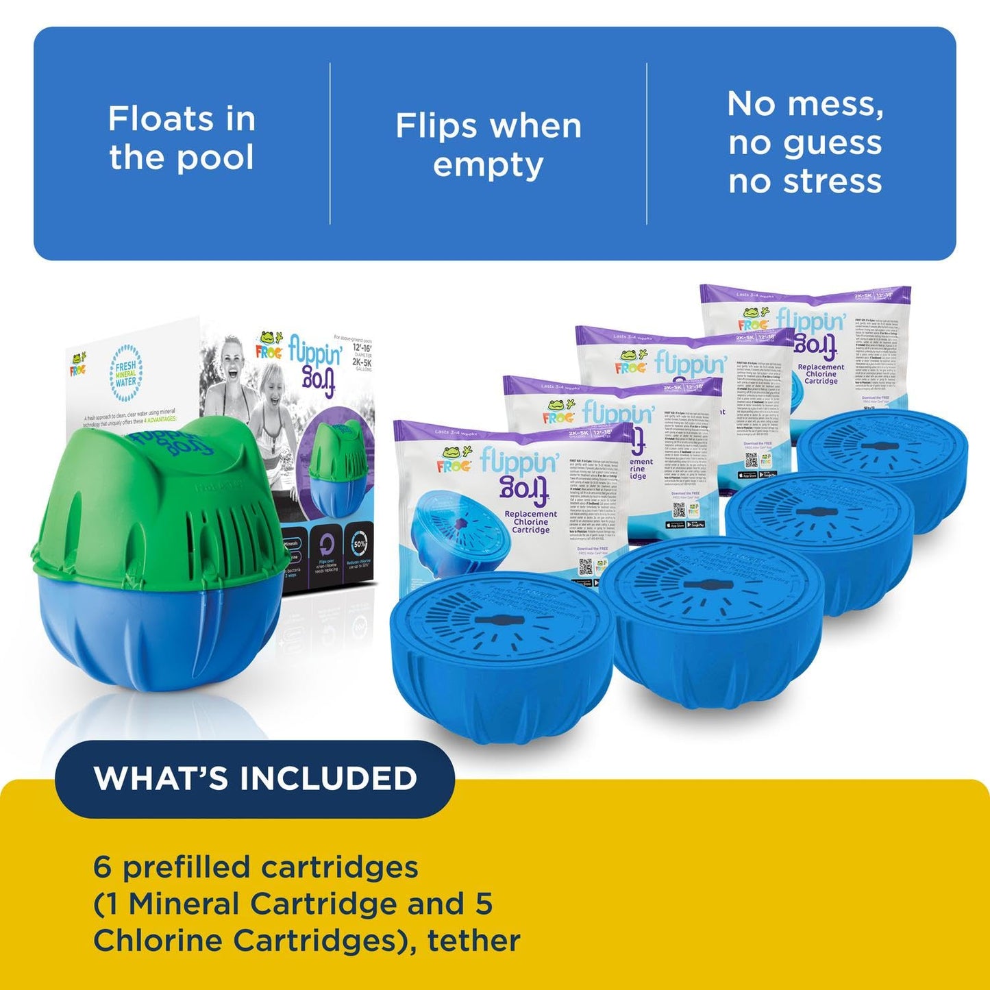 Flippin’ FROG Floating Sanitizer System for Pools 2,000 to 5,000 Gallons - Prefilled Floater with Sanitizing Minerals and Chlorine for Easy Pool Treatment & Maintenance - 4 Month Bundle