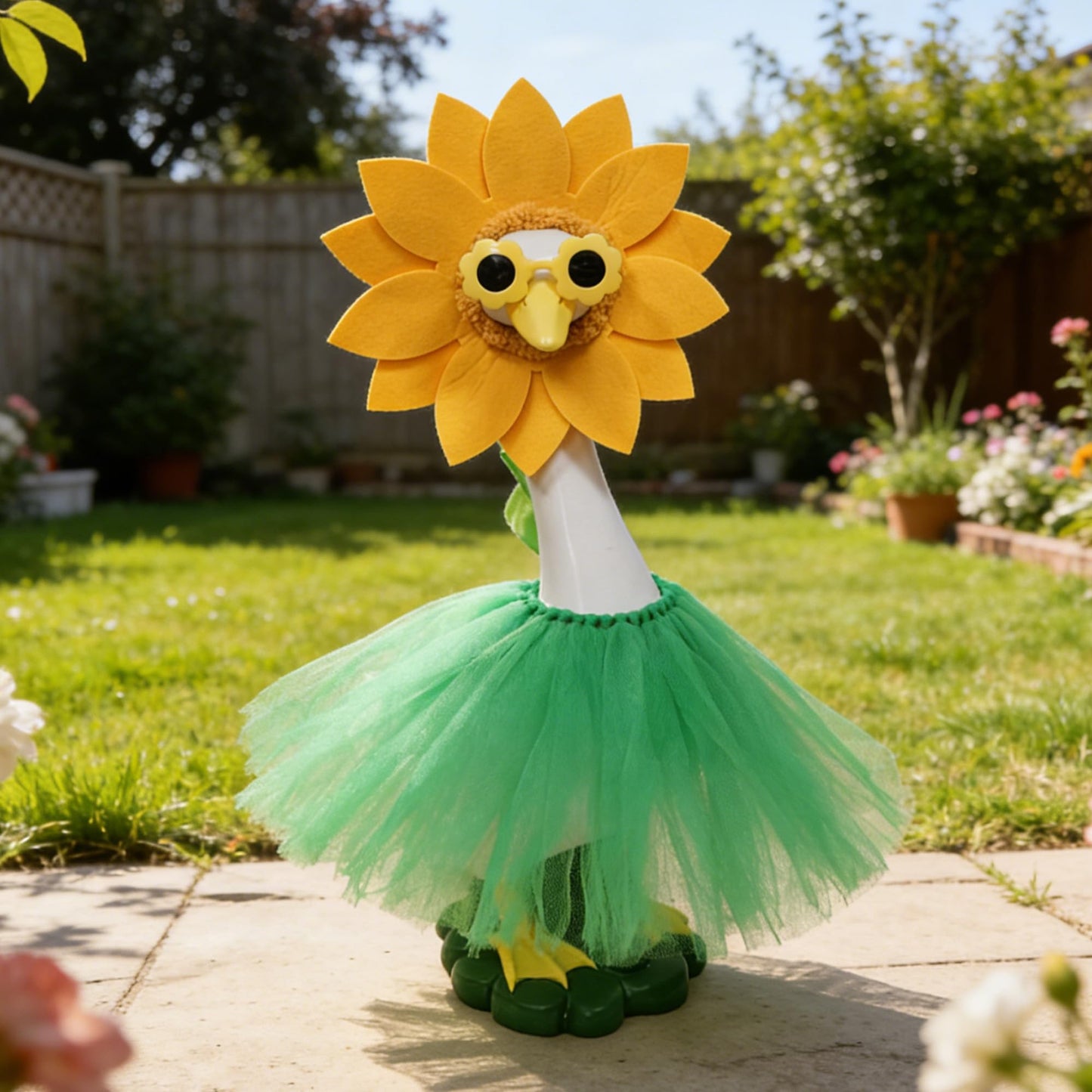 20" Porch Goose Statue with Sunflower Sunglasses Outfit – Large Resin Garden Duck Sculpture – Weatherproof Outdoor Yard Art & Indoor Decor – Whimsical Housewarming Gift for Women, Mom & Garden Lovers