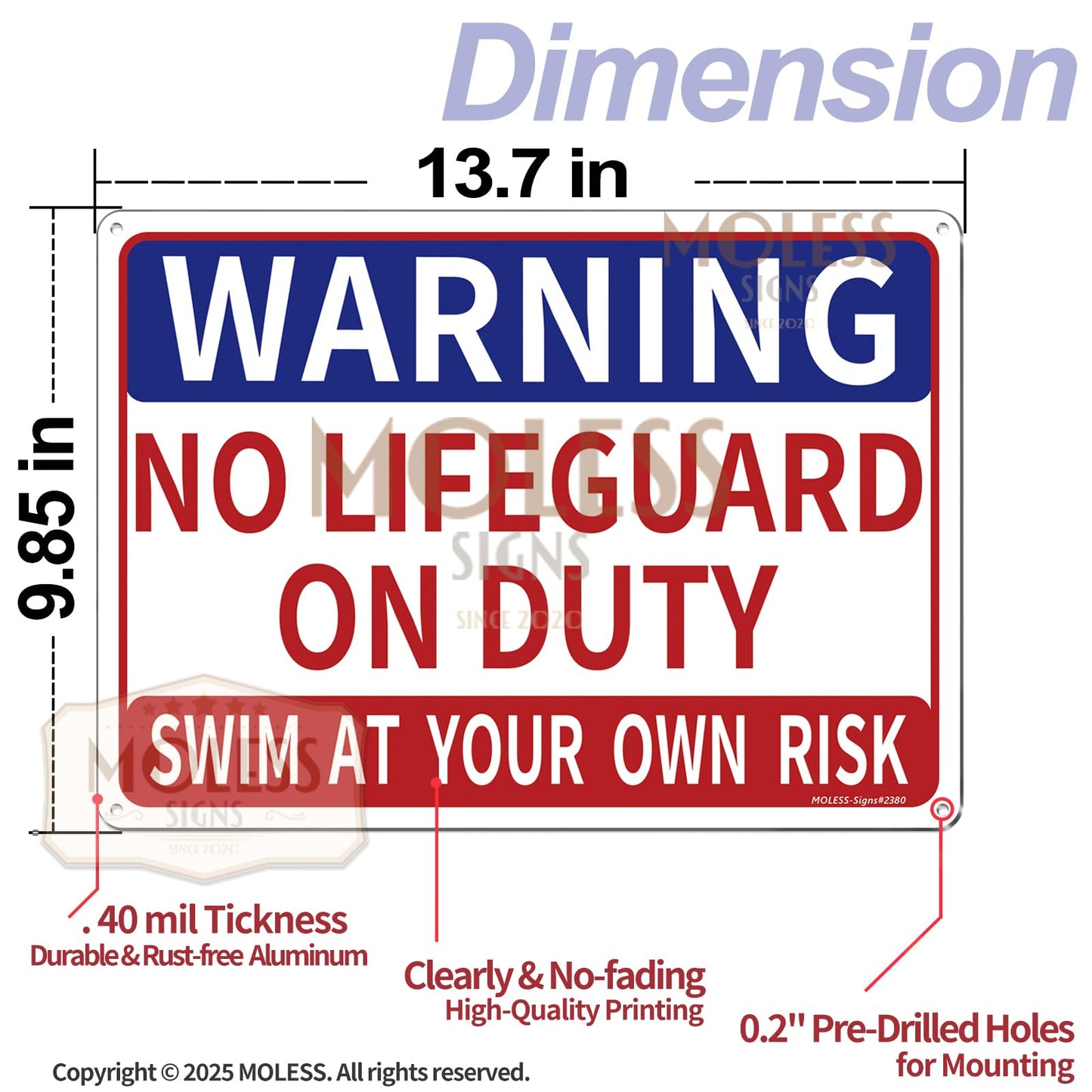 MOLESS 2 Pack Pool Safety Signs Bundle – 14x10 Inch Pool Signs for Outside Outdoor Decor, No Lifeguard on Duty & Child Supervision, Durable 0.040 Aluminum Weatherproof, Easy to Mount, PSP-2302