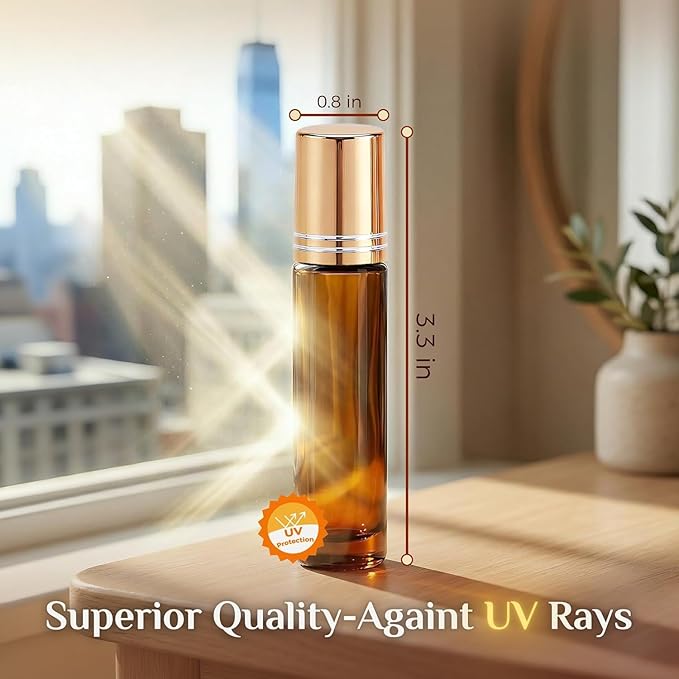 PrettyCare 60 Pack, 10 ml Essential Oil Roller Bottles with Stainless Steel Roller Ball - Bulk Refillable Leak-proof Empty Thick Amber Glass Roll on Bottles with Metal Caps for Travel, Perfume
