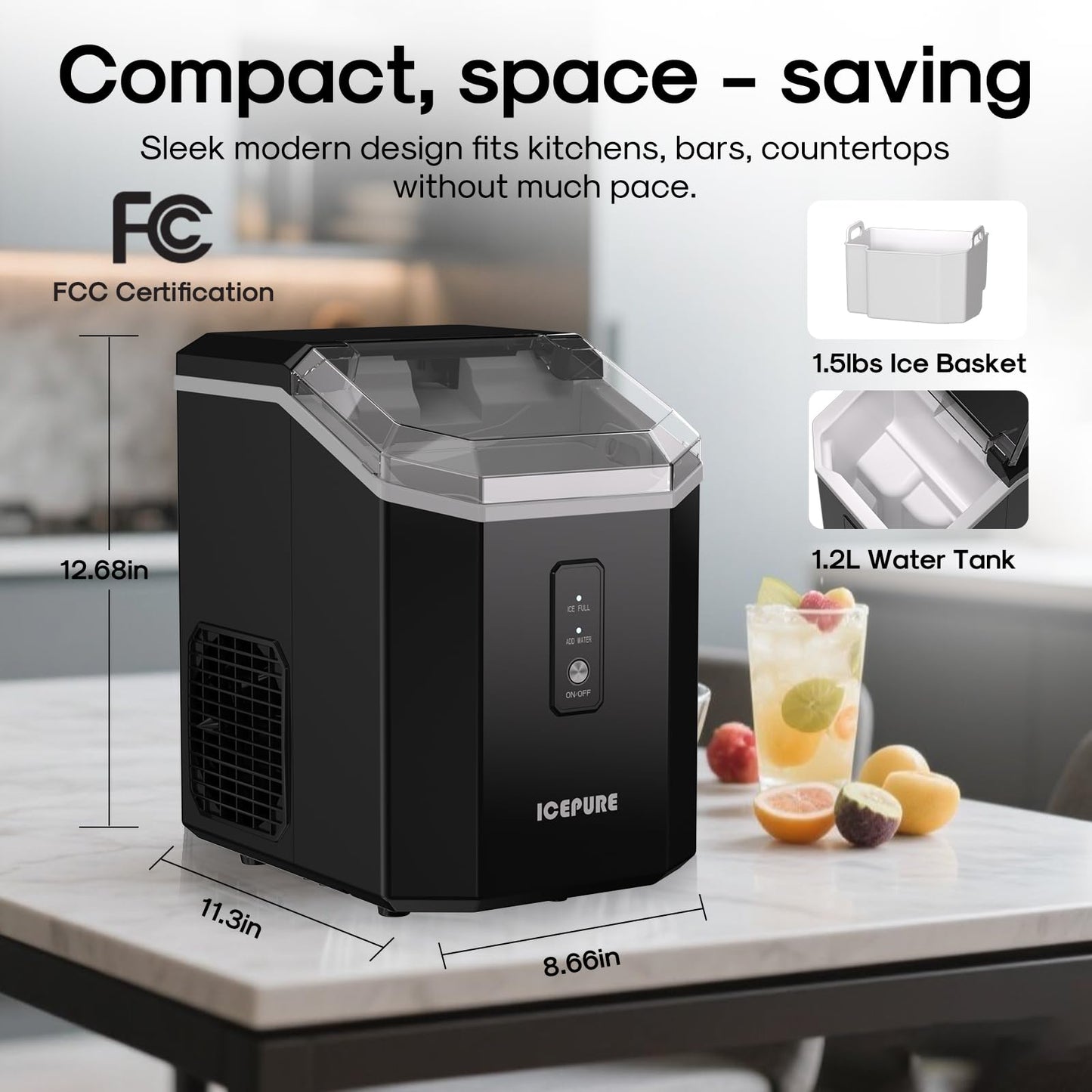 ICEPURE Nugget Ice Makers Countertop with App, Portable Ice Machine with WiFi, 33lbs in 24H, Ready in 5-10 Mins, Self Cleaning，Small Ice Maker with Basket Scoop, for Home/Kitchen/Party/RV/Camping