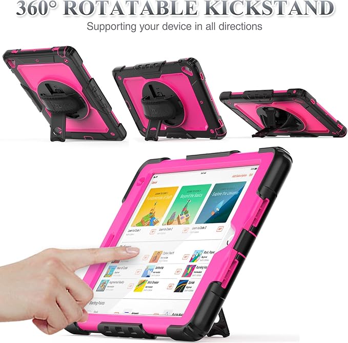 SEYMAC stock Case for iPad 6th / 5th Generation Case/Air 2 / Pro 9.7 inch, Heavy Duty Protective with Screen Protector, with Pencil Holder, Hand Strap, Shoulder Strap, 360 Rotate Stand, Pink+Black