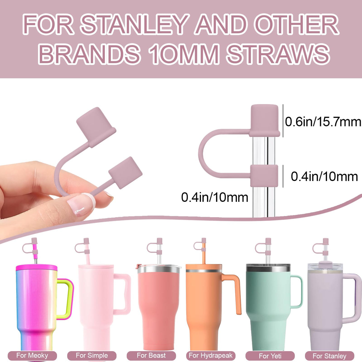 GGDECA 7Pcs Straw Cover Cap for Stanley Cup,Simple 10mm(0.4inch) Silicone Straw Toppers for Stanley 40&30oz Tumbler Accessories-Pink/2
