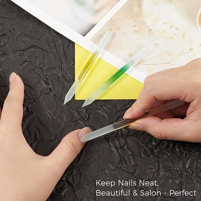 JERCLITY 3 Pieces Double-Ended Glass Nail Files Cuticle Pusher Cuticle Stick Set Nano-Frosted Nail Polished Crystal Glass Rod Manicure Pedicure Pusher Tools(Orange/Yellow/Green)
