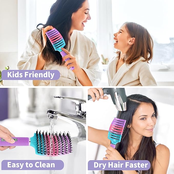 Boar Bristle Hair Brush Set of 2, HIPPIH Wet & Dry Hair Brushes Made by Fine Natural Boar Hair Can Adds Shine and Smoothing, Detangling Hairbrush for Women, Men & Kids' Long Curly Thick Hair