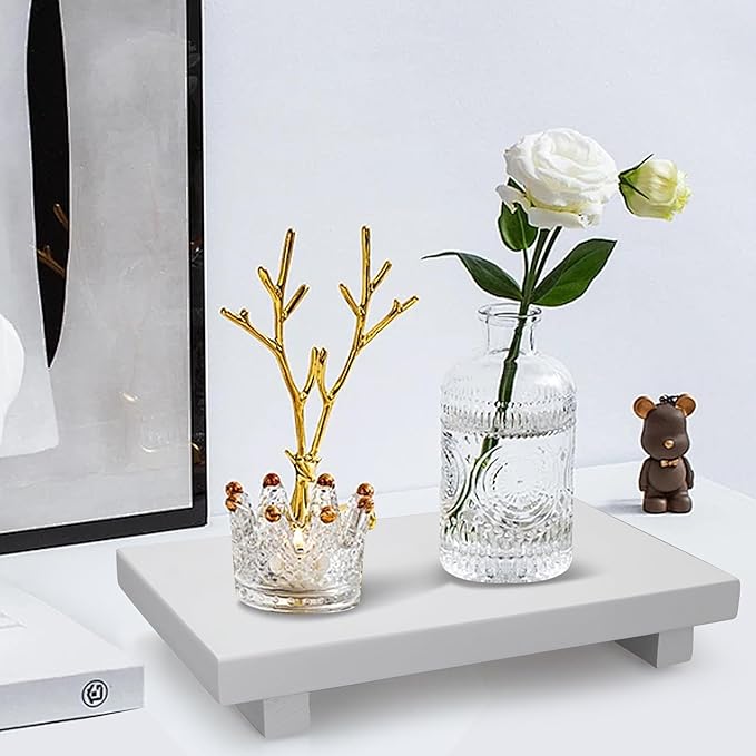 White Wooden Bathroom Tray Wood Riser Pedestal Stand Dish Soap Dispenser Holder for Kitchen Counter Bathroom Decor Decorative Kitchen Sink Countertop Trays Farmhouse Organizer Accessories Vanity Tray