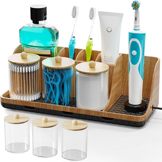 PARKMANI Bathroom Counter Organizer, Bathrooms Toothbrush Holder Set with 3 PCS Qtip Holder, Kids Electric Toothbrush and Toothpaste Holder Organizer Drainage for Bathroom Accessories (Wood Grain)
