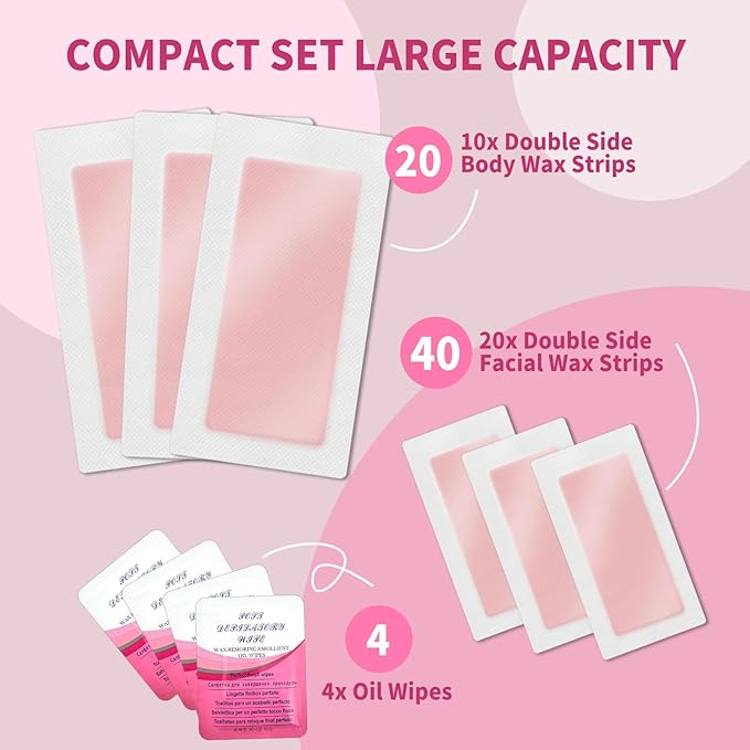 60 PCS Wax Strips - 40 Facial & 20 Body Waxing Kit for WomenÃ¢ÂÂ s Hair Removal,Wax Strips for Face,Eyebrow,Body, Arms, Legs, Chest, Back, Bikini/Brazilian Waxing Strips & 4Calming Oil Wipes