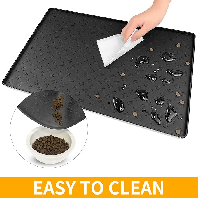 Ptlom Pet Placemat for Dog and Cat, Mat for Prevent Food and Water Overflow, Suitable for Small, Medium and Big Pet, 18" 12", Black, Silicone