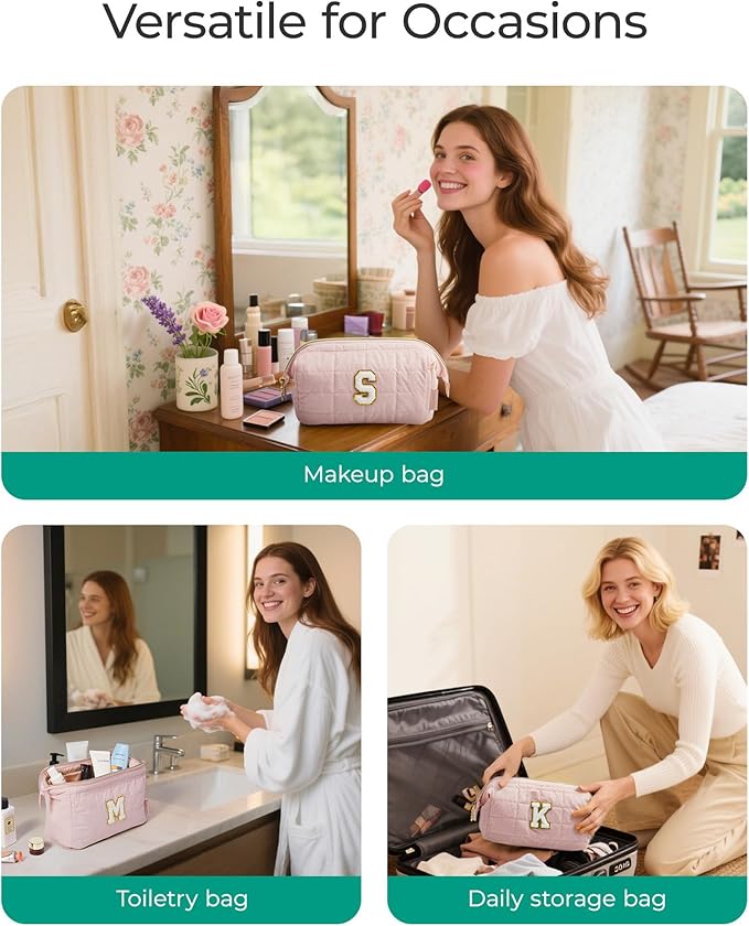 BAGSMART Birthday Gifts Personalized Initial Makeup Bag, Trendy Stuff Gifts for Women Bridesmaid Graduation, Puffy Padded Make Up Bags for Women, Wide-open Toiletry Bag, Pink K