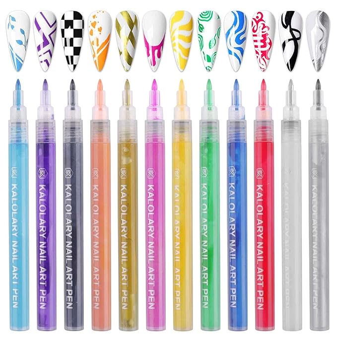 12 Color 3D Nail Art Pens Set, Kalolary Nail Point Graffiti Dotting Pen Drawing Painting Liner Brush for DIY Nail Art Beauty Adorn Manicure Tools