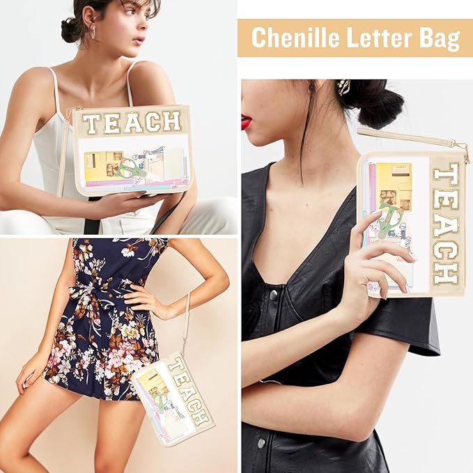Teacher Appreciation Gifts TEACH Chenille Letter Clear Makeup Bag Pouch, Monogram PVC Clear Zipper Pouch with Wristlet Travel Cosmetic Bag Graduation Retirement Teacher Gifts for Women(TEACH-Beige)