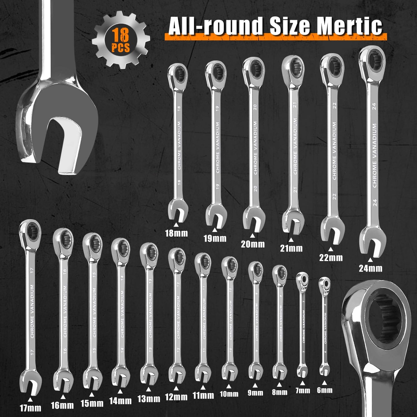 Egofine Ratcheting Wrench Set, 6 mm - 24 mm Metric Wrench Set 18pc, 72 Teeth Combination Wrenches Set, Chrome Vanadium Steel with a Roll Up Storage Bag