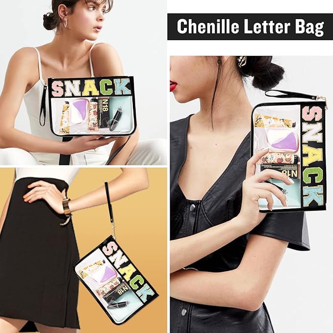 Chenille Letter Clear Snack Bag Purse, Monogram PVC & PU Zipper Pouch With Wristlet, Waterproof Portable Glitter Makeup Beach Toiletry Bag for Women Girls (SNACKS-Black)