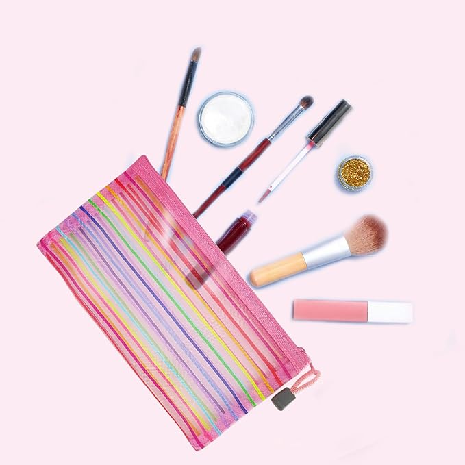 Mesh Bags with Zipper (6 Pack), Nylon Makeup Bag Cosmetic Pouches Travel Organizer Case for Purse Diaper Bag Home Organizing Striped Multi Size Pink