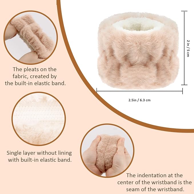 Bear Ears Spa Wristband Set - Cute Animal Skincare Headband for Washing Face - Fluffy Elastic Face Wash Hair Band for Women & Girls - Trendy Stuff (White Khaki)