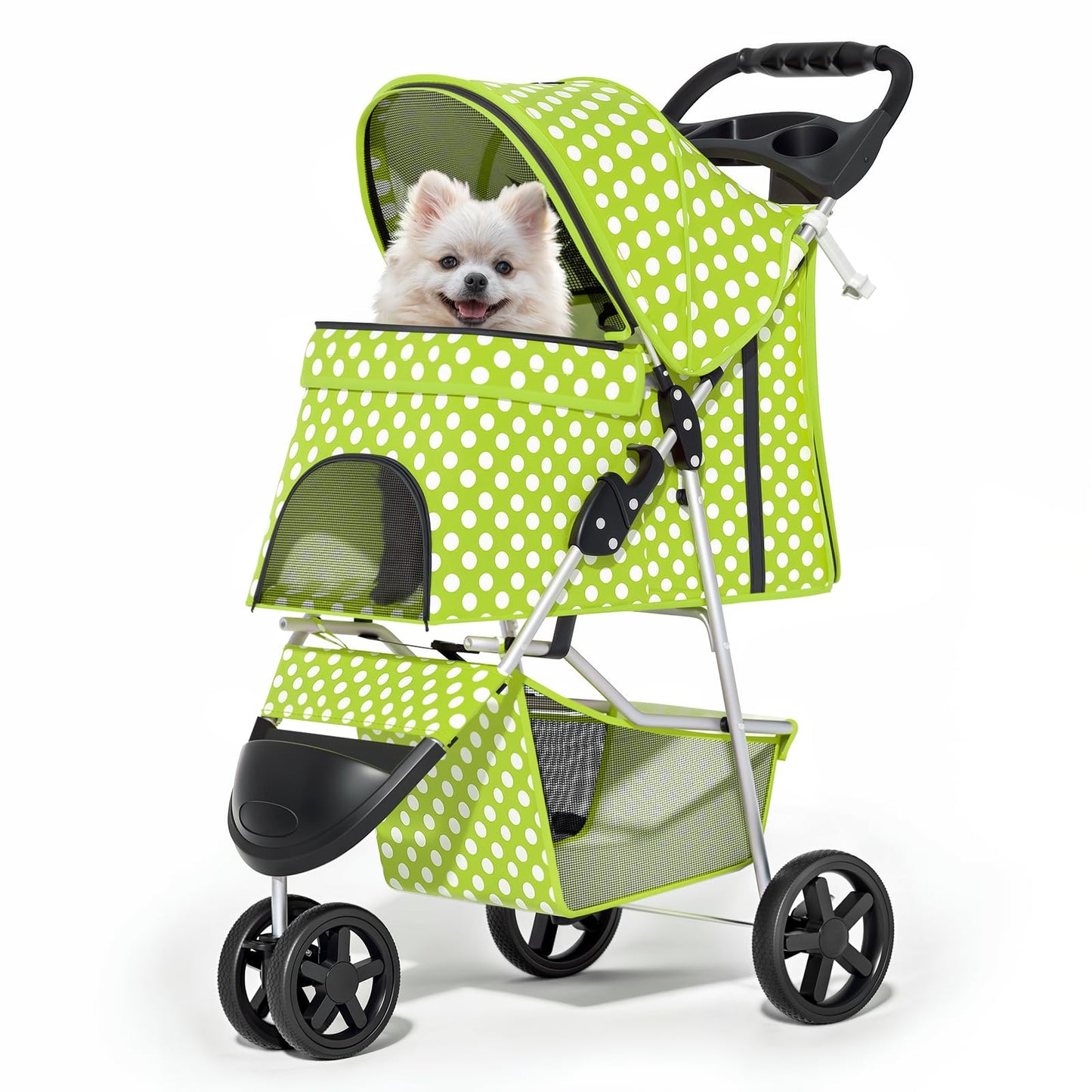 MoNiBloom 3 Wheels Pet Dog Cat Stroller for Small Medium Dogs Cats, Foldable Jogger Stroller w/Storage Basket and Cup Holder, Lawn Green Polka Dots