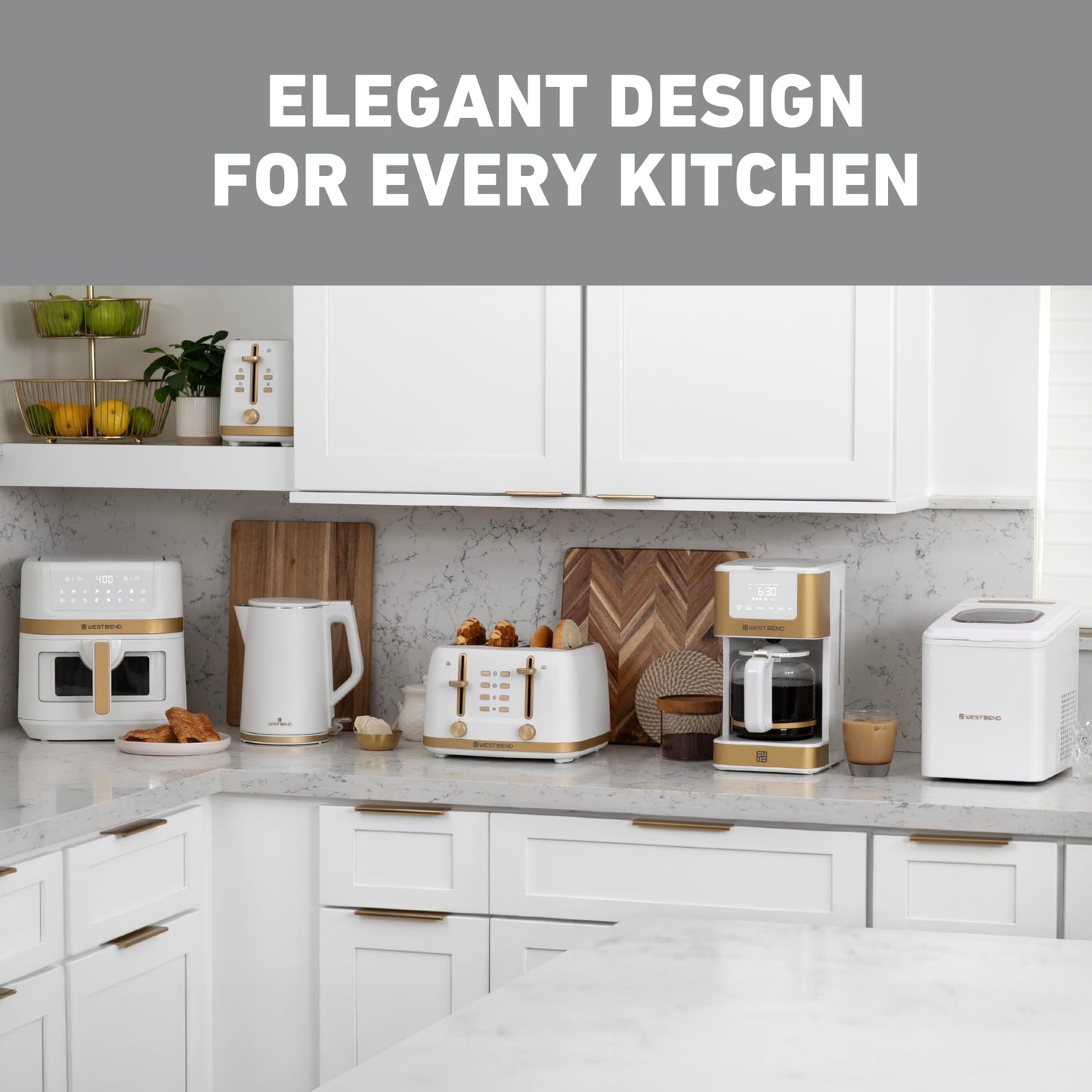West Bend Timeless Ice Maker Mighty Ice Countertop Design Makes 26 Pounds of Bullet-Shaped Ice Cubes in 24 Hours, Digital Touch Controls and Self Cleaning Function, Includes Scoop, White/Gold