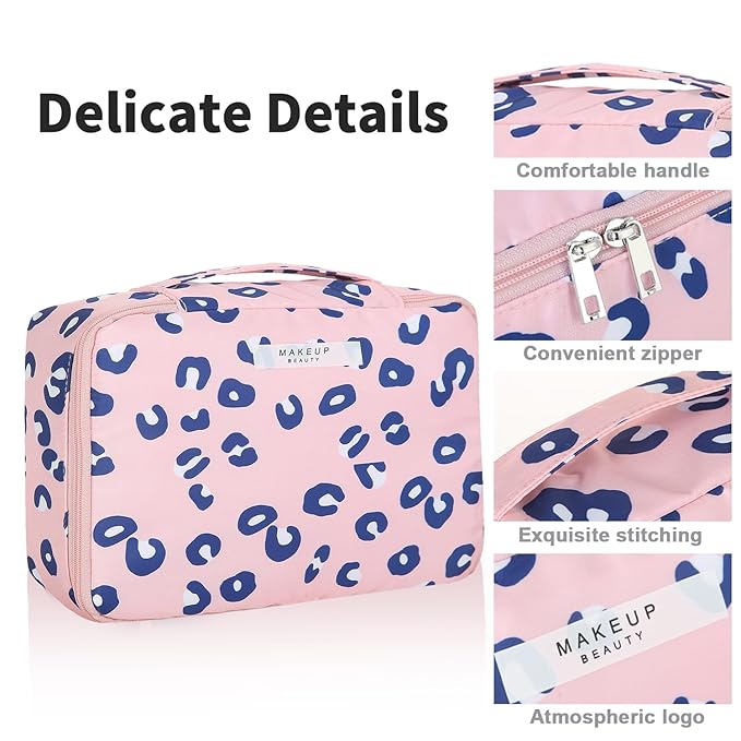 Queboom Travel Makeup Bag Cosmetic Bag Makeup Bag Toiletry bag for women and men (Pink Leopard)
