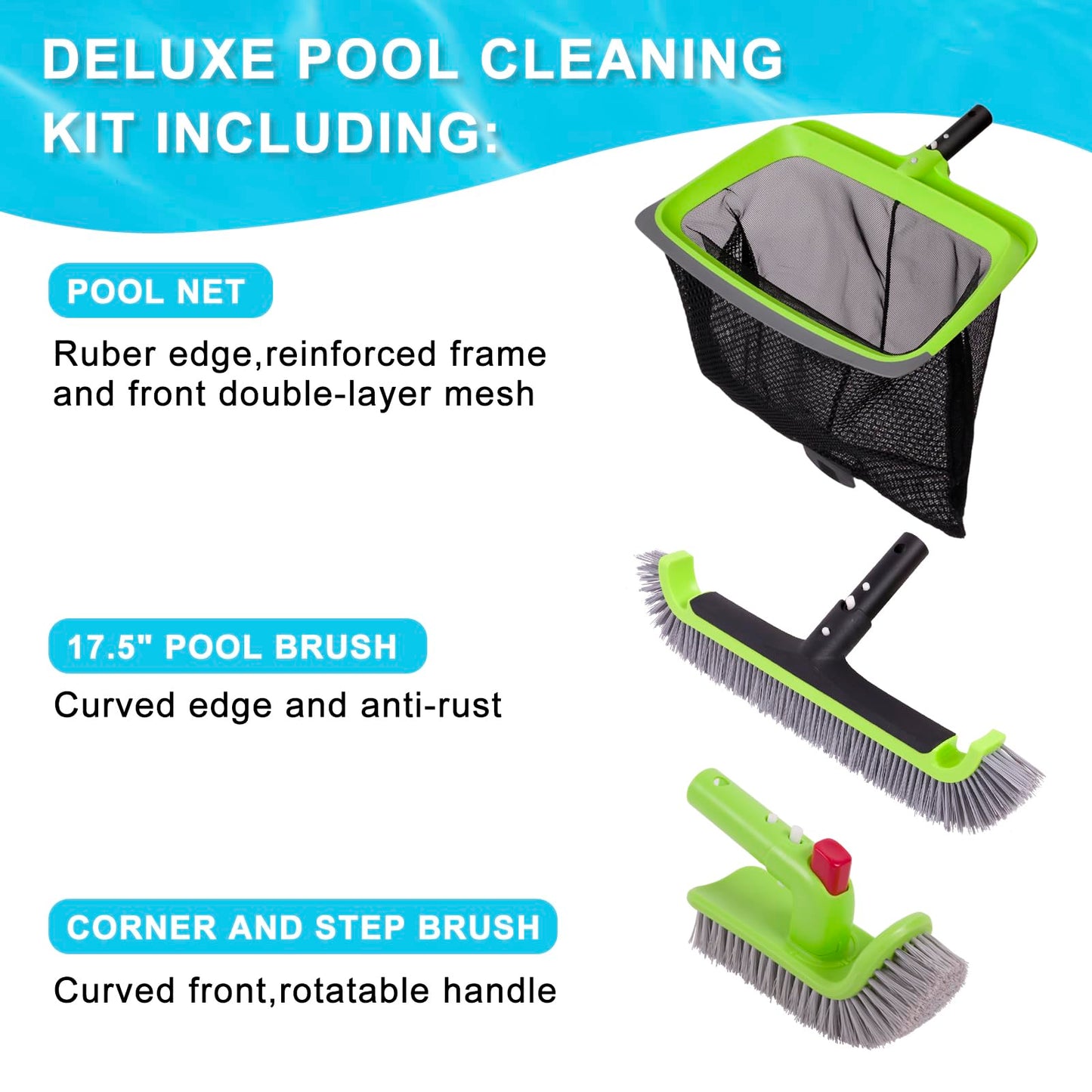 Sepetrel Deluxe Swimming Pool Cleaning Kit Including Rubber Edge Skimmer Net,17.5" Pool Brush Head & Hand Scrub Brush(NO Pole)