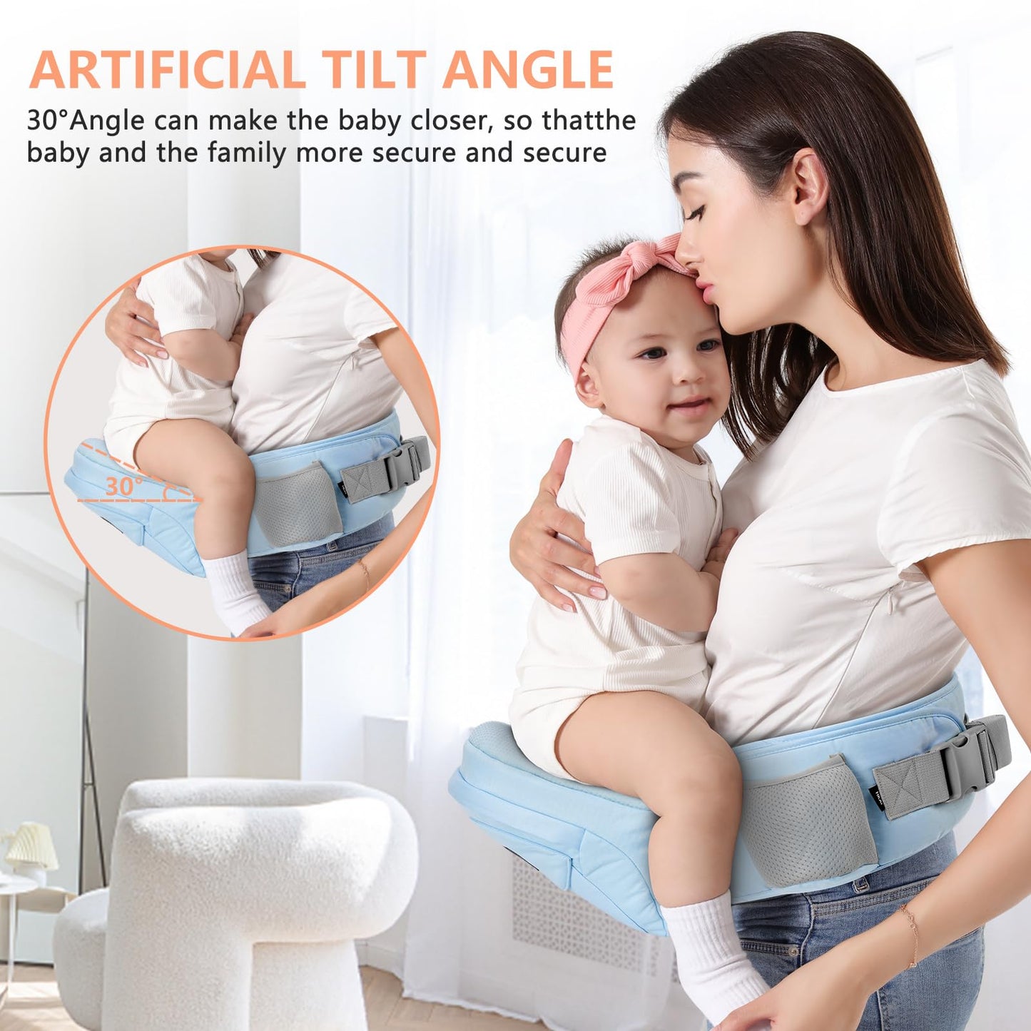 HKAI Baby Hip Carrier,Baby Carrier with Adjustable Waistband & Breathable Mesh, Ergonomic Carrier with Non-Slip Hip Seat Surface for Newborns & Toddlers (Light Blue)