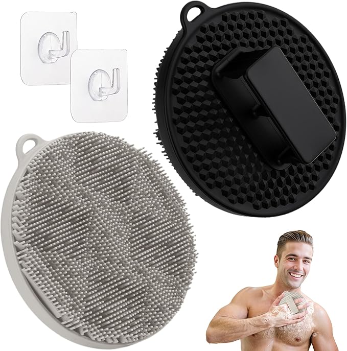 Silicone Body Scrubber 2PCS, Durable Silicone Loofah with Waved Bristles and Non-Slip Handle, Hygienic Body Buffer Shower Scrubber for Gentle Exfoliating & Lathering(Black+Lgray)