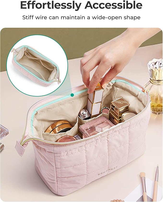 BAGSMART Makeup Bag Travel Cosmetic Bag, Puffy Padded Make Up Bags for Women Makeup Organizer Case, Wide-open Pouch Purse Travel Essentials Toiletries Accessories Brushes, Teal