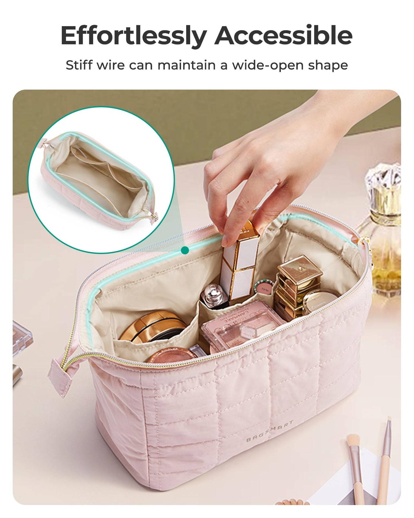 BAGSMART Birthday Gifts Personalized Initial Makeup Bag, Trendy Stuff Gifts for Women Bridesmaid Graduation, Puffy Padded Make Up Bags for Women, Wide-open Toiletry Bag, Pink M