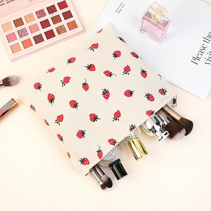 SOIDRAM 2 Pcs Cute Makeup Bag Large Cosmetic Bag Toiletry Bag Makeup Pouch Travel Bag Organizer Cute Makeup Brushes Aesthetic Accessories Storage Bag for Women Strawberry Beige