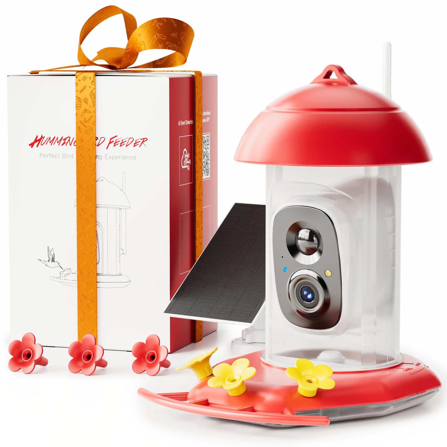 LongPlusÂ® Hummingbird Feeder with Camera for Outdoors Solar Powered,Smart Bird Camera with 2K Live Video,Ant Guard Base,AI Identify Bird Species,Ant Moat,Bee Proof with 3 Feeding Ports,Gifts Ideal