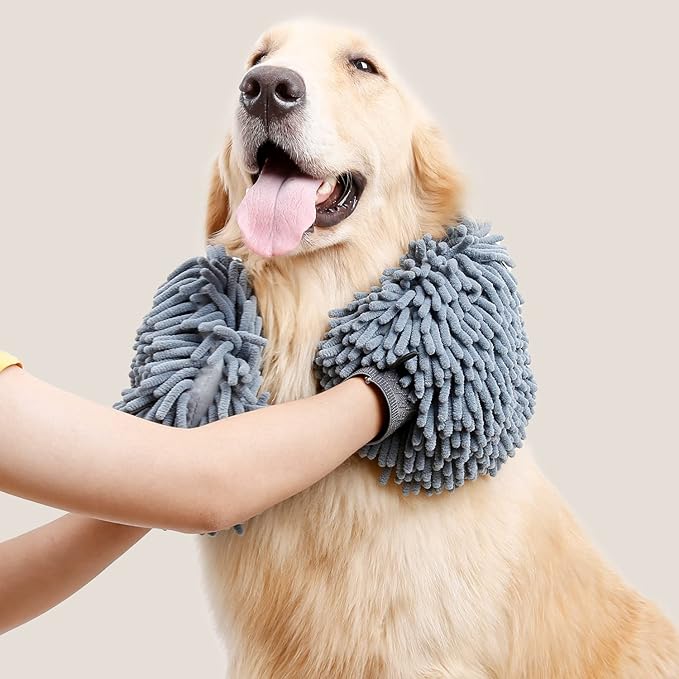 DogLemi Dog Dry Bath Gloves, Dog Washing Quick Drying Paw Towel, Chenille Microfiber Pet Dirty Dogs Grooming Glove for Large Medium Small Pet, Super Absorbent, Machine Washable 2 Pack