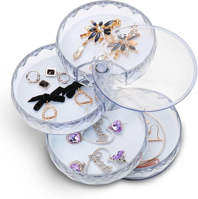 CONBOLA Acrylic Jewelry Organizer, Small Storage Box Jewelry Earring Holder for Women, 5-Layer Rotating Travel Jewelry Tray Case with Lid for Bracelet