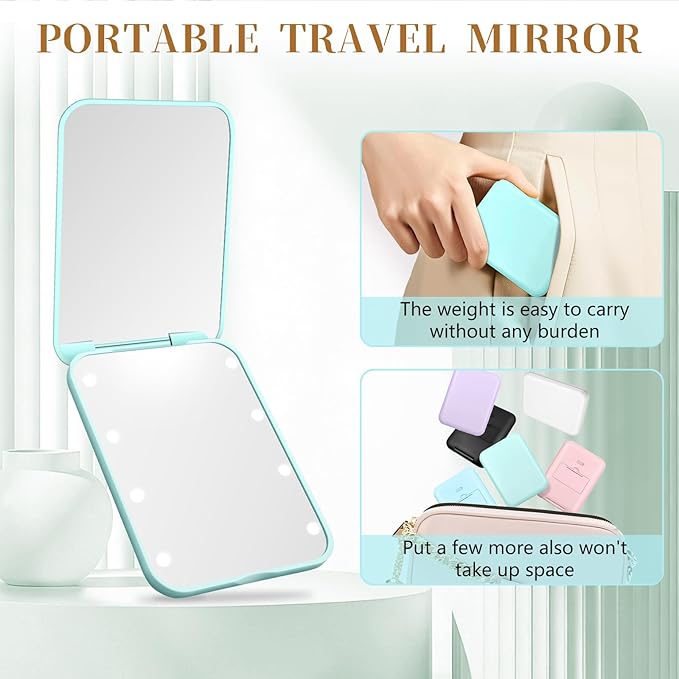 Compact Mirror, 1X/3X Magnification LED Pocket Mirror with Nternal BIattery, Mini Mirror for Purse, Pocket,Travel and Present (Mint Green)