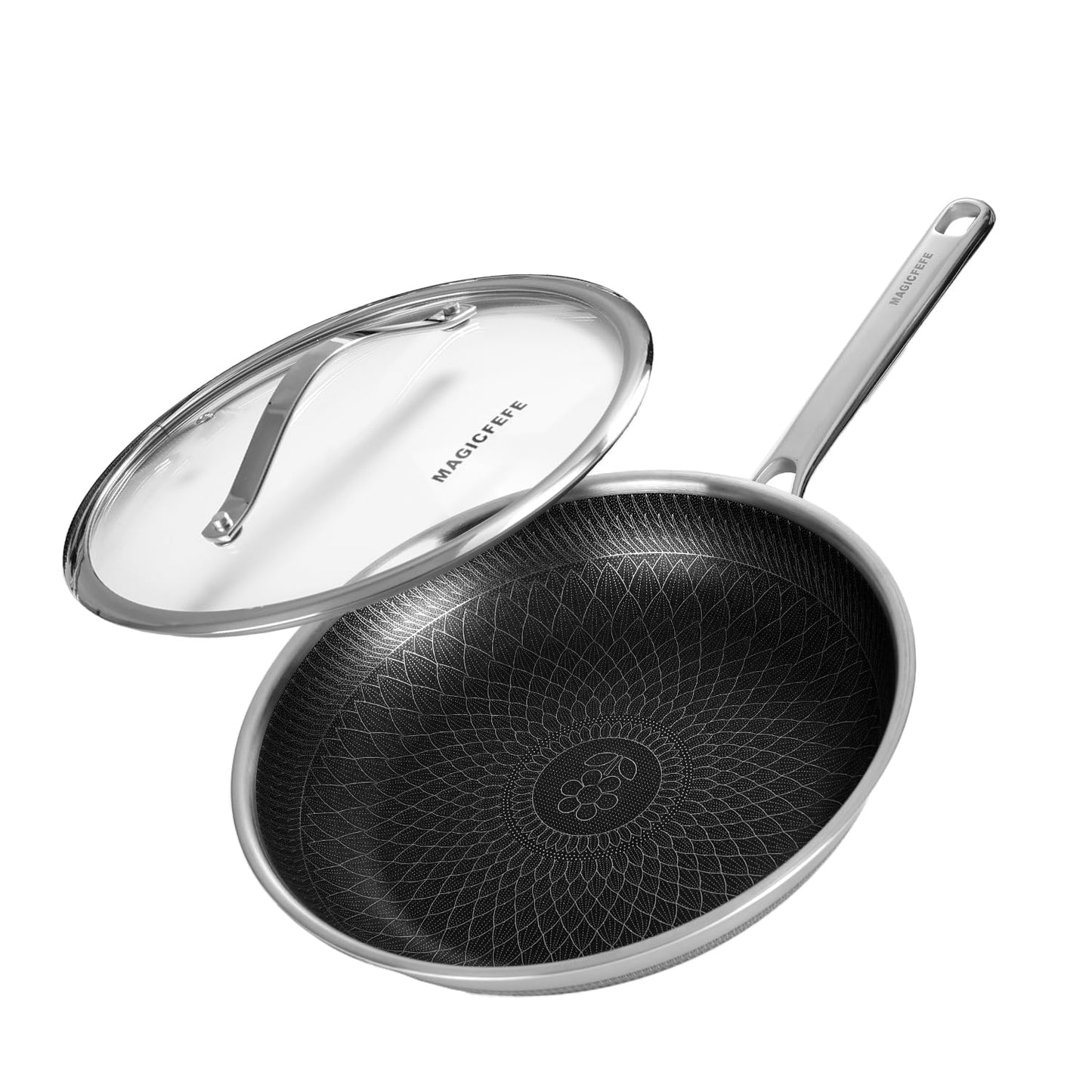 MAGICFEFE Non Stick Frying Pan 12 Inch with Lid, Hybrid Nonstick Stainless Steel Skillet Pan with Stay-cooling Handle, PFOA Free Non Toxic Dishwash & Oven Safe, Induction Ready, All Cooktops