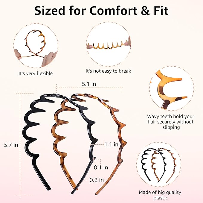 2 Pack Zig Zag Headbands for Women, Non-Slip Wavy Plastic Hair Comb Headbands with Teeth, U-Shape High Cranium Korean Style, Classic 90s Hair Accessories, Gifts for Women (Black & Brown)