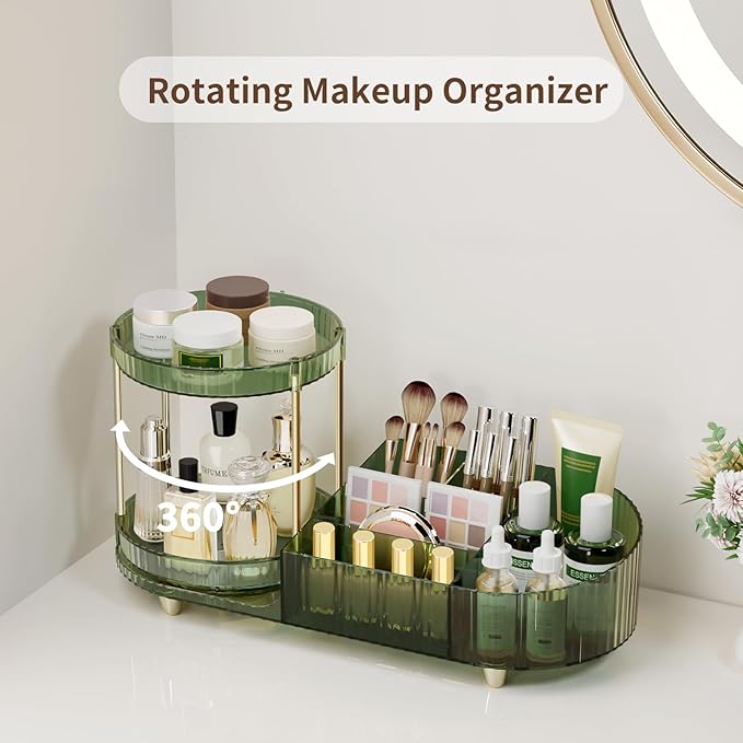 360 Rotating Makeup Organizer for Vanity, 2 Small Trays & 5 Compartments for Cosmetics, Skincare, Perfume, Lipstick & Make up Brush Holder, Bathroom Countertop Organizers and Storage for Dresser, Desk