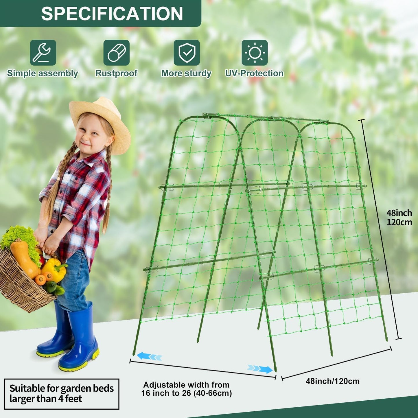 FOLLOOK Garden Cucumber Trellis for Climbing Plants Outdoor, 48x48inch U-Shape Arch Trellis for Garden Raised Bed, Plant Support for Grape Vine Tomato Vegetable Pea Bean, Green