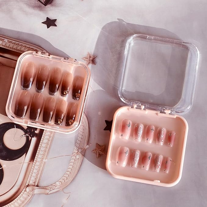 14 Pcs Press On Nail Packaging Box Press on Nail Storage Box for Press Ons with 60 Pcs Adhesive Double Sided Tape for Fake Nail Storage Case Nail Display Nail Salon Supplies Nail Art Business (Pink)