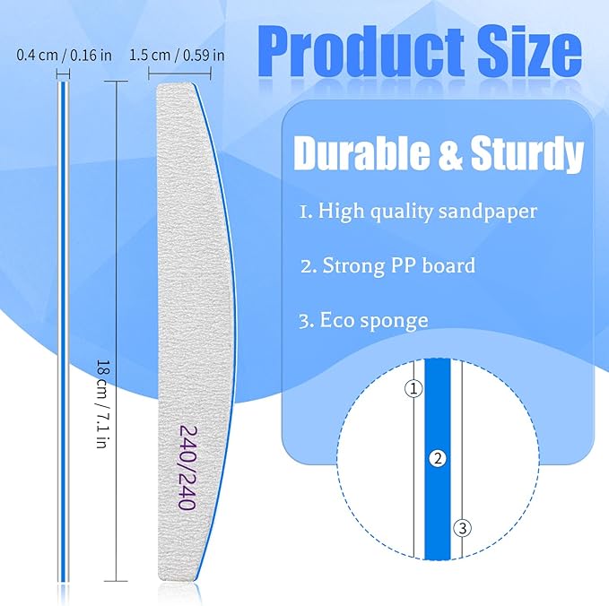 BLESWIN Nail Files 240/240 Grit, 50 Pcs Professional Double Sided Emery Board, Reusable Washable Coarse Tool for Acrylic & Gel Nails, Home Salon Application