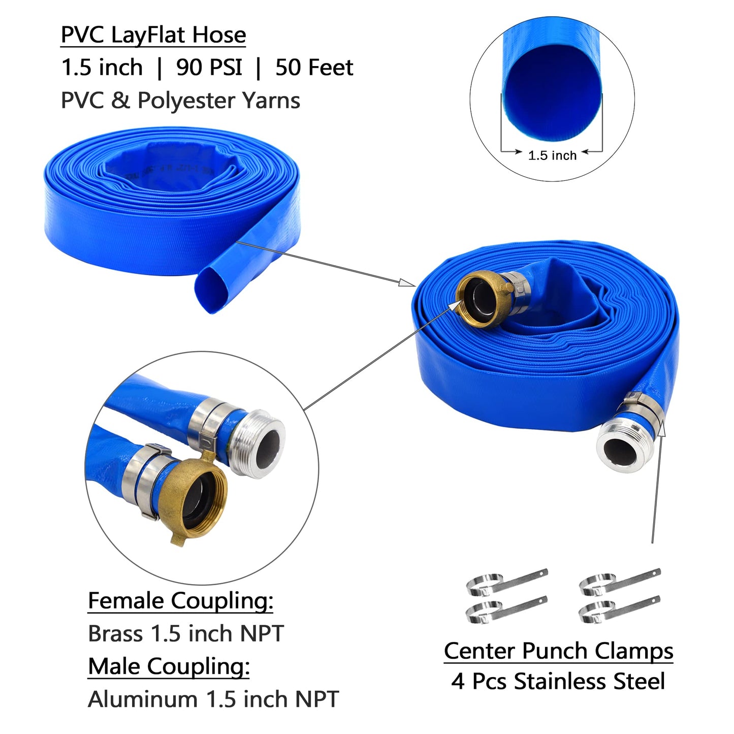 DAVCO 1.5" ID × 50 ft Pool Backwash Hose, Heavy Duty Reinforced Blue PVC Lay Flat Water Discharge Pump Hoses For Swimming Drain Pools and Clean Filters, With Aluminum Pin Lug Fittings