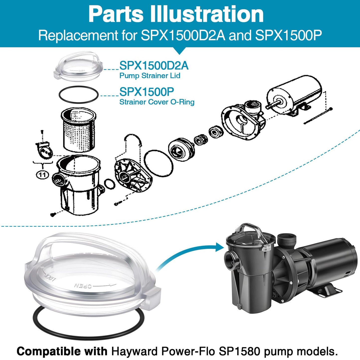 Feekoon Pool Pump Lid and O Ring, Pump Strainer Lid Compatible with Hayward Power-Flo SPX1500D2A, Clear Strainer Cover Replacement, 1 Extra O Ring and Lubricating Grease Included
